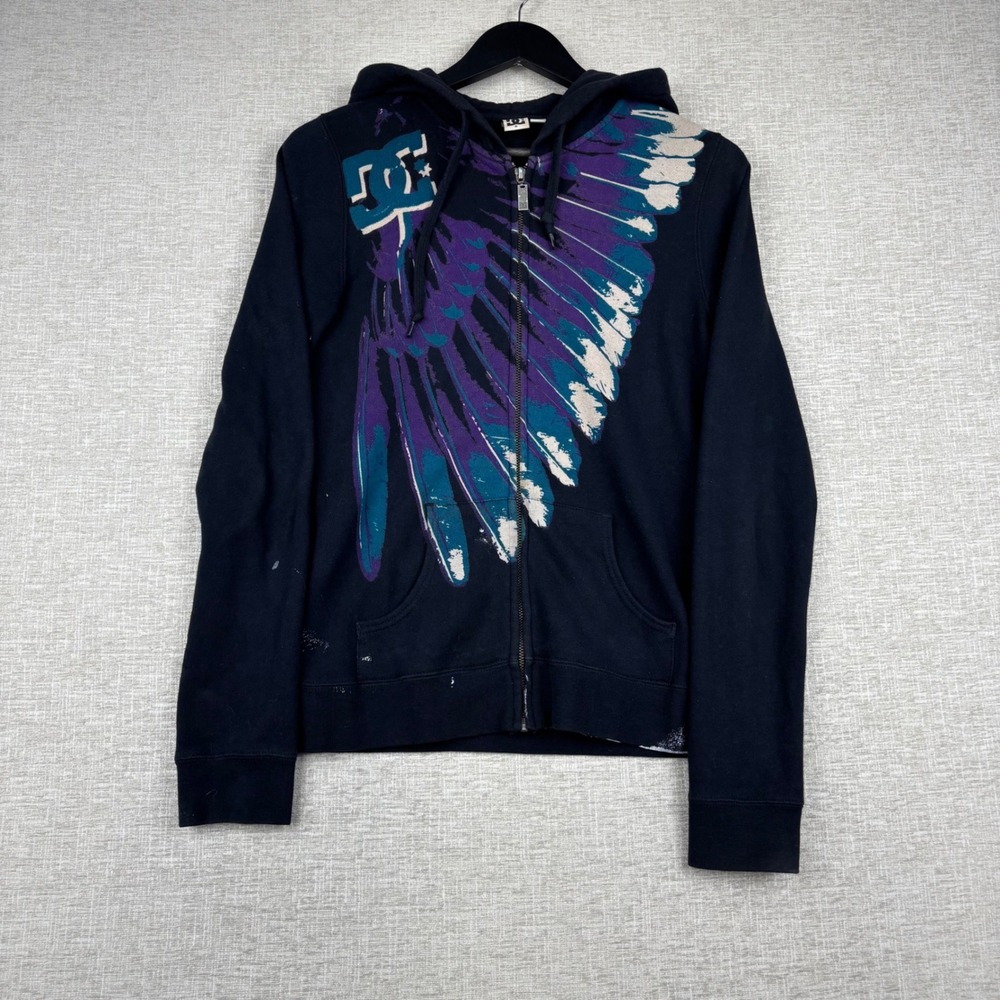 DC Shoes Y2K Mens Graphic Wing Print Full Zip Hoodie Black Purple Teal Small